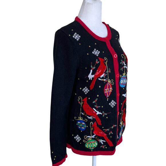 Kim Rogers Sz SP Vtg 90s Knitted Holiday Cardigan Boho Embroidered Beaded - Picture 7 of 16